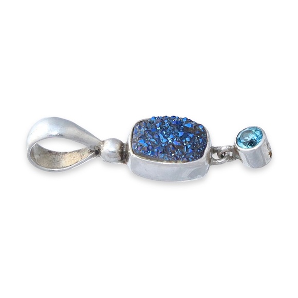 Sajen Druzy Quartz & Blue Topaz Sterling Silver Necklace Pendant Two Stone Drop - Picture 2 of 4